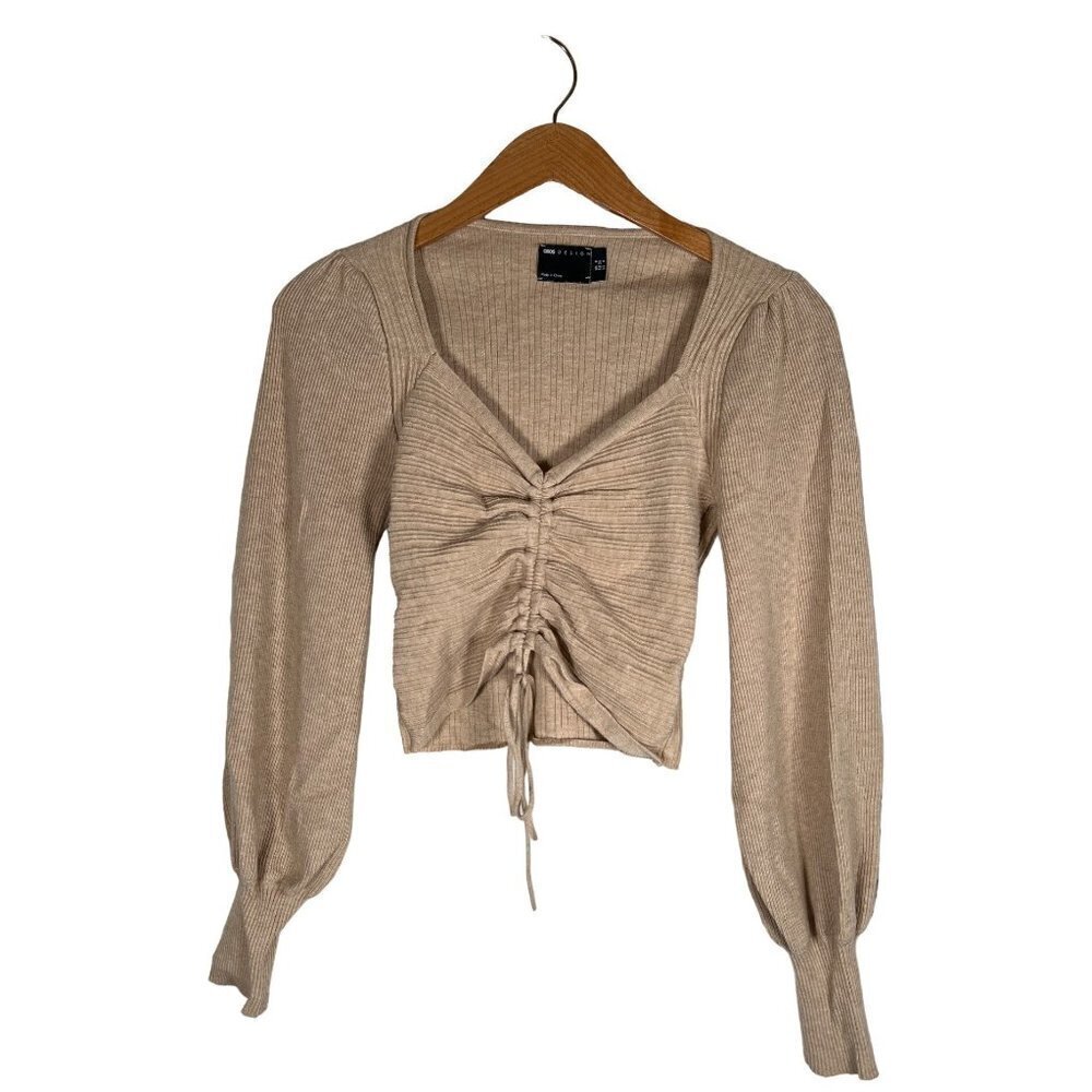 ASOS DESIGN Womens Size S Oatmeal Boho Crop Knit Ruched Princess Viscose Blend